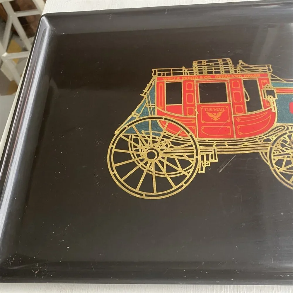 COUROC WELLS FARGO STAGECOACH TRAY 12 x 18 VINTAGE WOOD AND BRASS INLAY